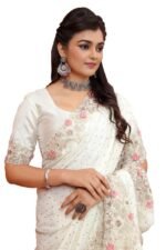 Cream Heavy Sequence Coding Embroidered Border Work Satin Silk Saree Sari For Women and Girls with Attach Blouse Piece - Image 4