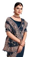 Teal Blue Zari Resham Embroidered Georgette Saree Sari with Matching Blouse Piece - Image 4