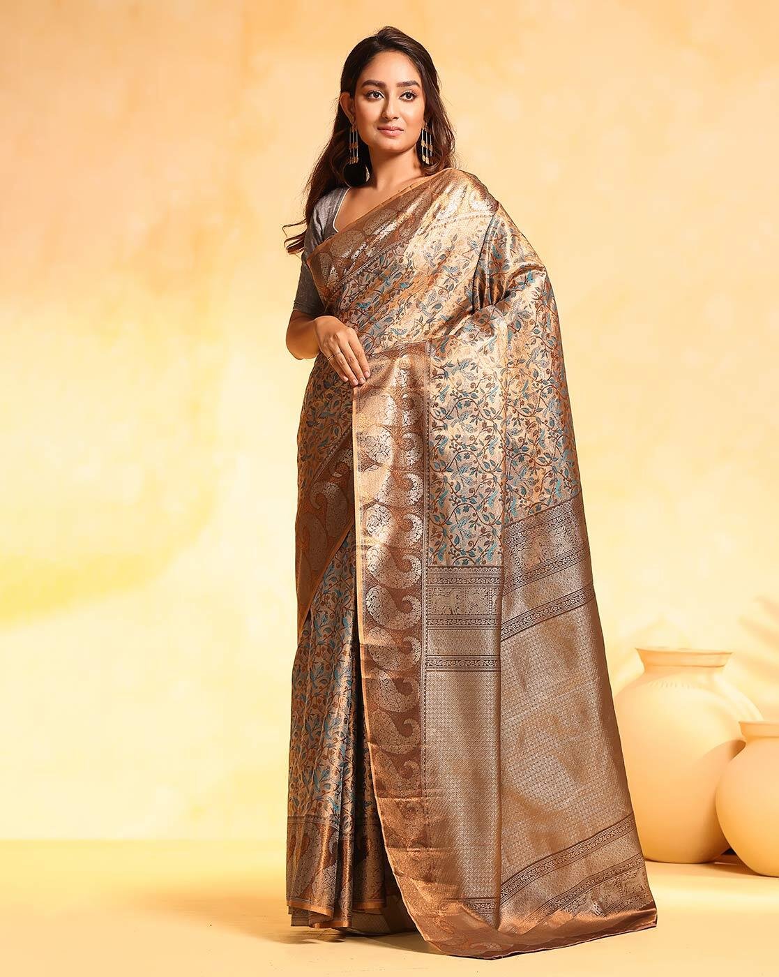 -1117Wx1400H-700062260-brown-MODEL Women Zari Woven Saree with Tassels - Image 1